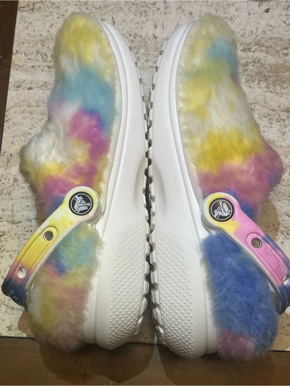 CROCS Kids Plush Tie-Dye Fuzzy Clog in Yellow Blue Pink Cream